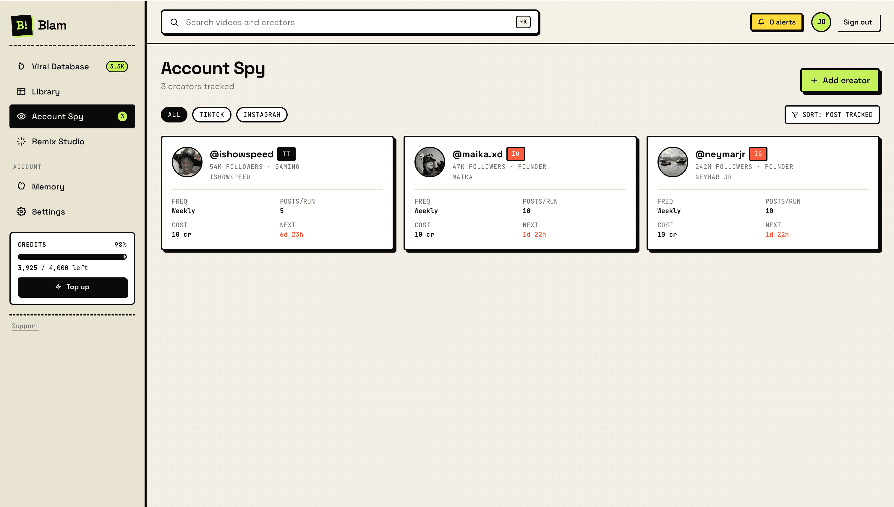 Account Spy tracking three creators with refresh schedules