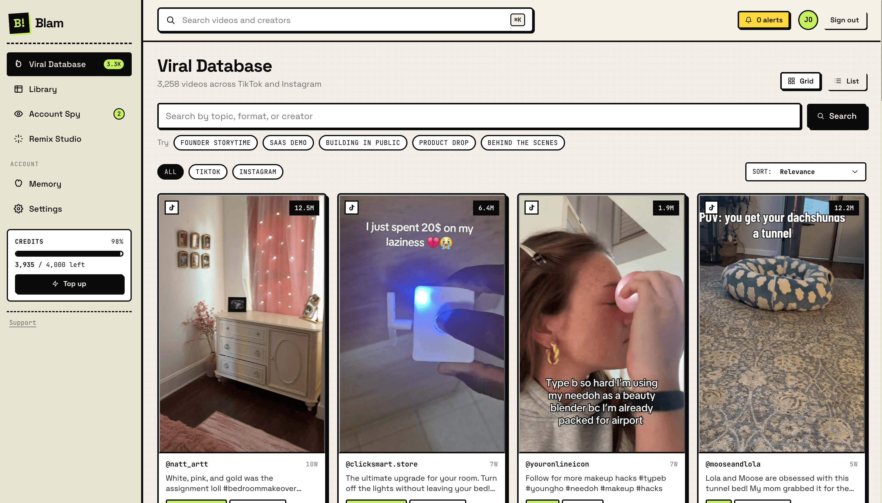 Viral Database showing 3,258 videos across TikTok and Instagram